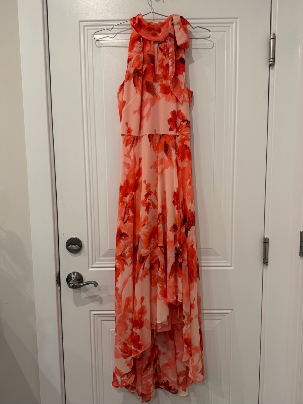 White House Black Market WHBM Coral Floral Halter Dress - Tie Neck Detail